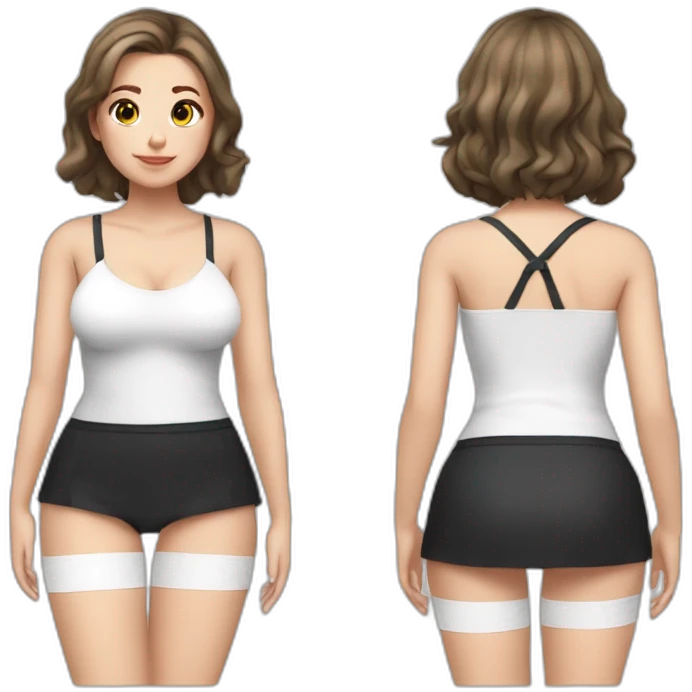 Front view full body curvy caucasian beauty sitting straight hands up black skirt white knickers white socks emoji