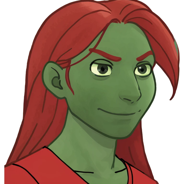 A girl with long red hair. She has a neutral expression on her face,wearing a red v neck shirt. Her hair is in a side part with edges on the side.her eyes are low,she is a bit brown skinned, and she has long eyelashes emoji