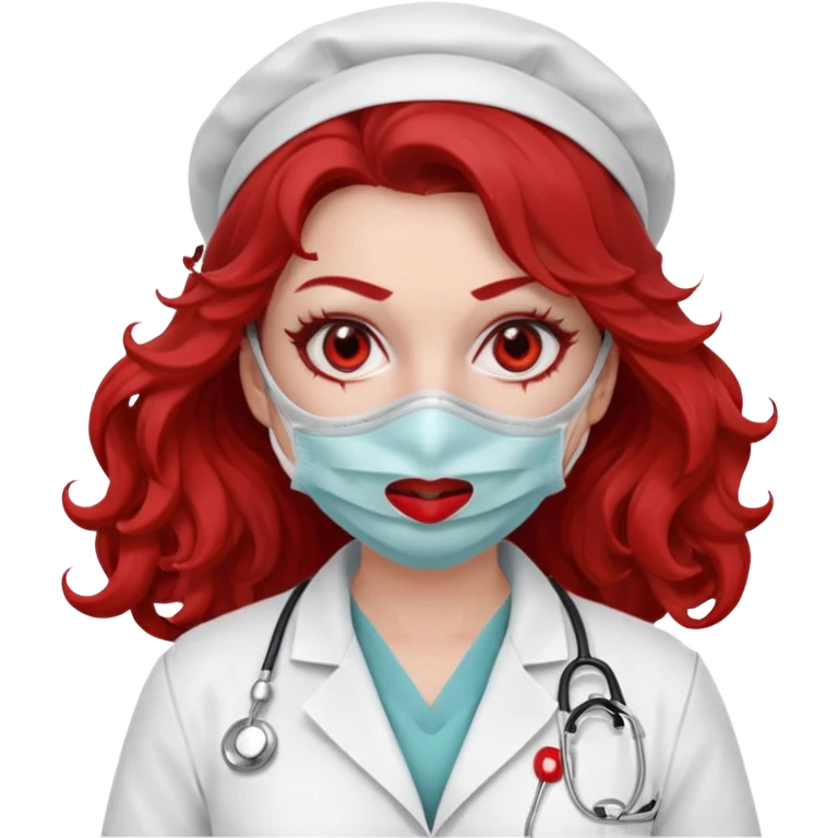 Scary woman scalpel in hand, evil surgeon sexy surgeon clothes.  She has red eyes. Her  brown long curly hair. Wears sexy doctor outfit with red gloves. make her hair free and brown but have mouthy  wear  mask  to hide. Wears white surgeon jacket and  face under a veil emoji