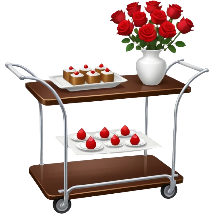 Room service trolley: A silver serving trolley with covered dishes, folded napkins, and a small flower vase. emoji