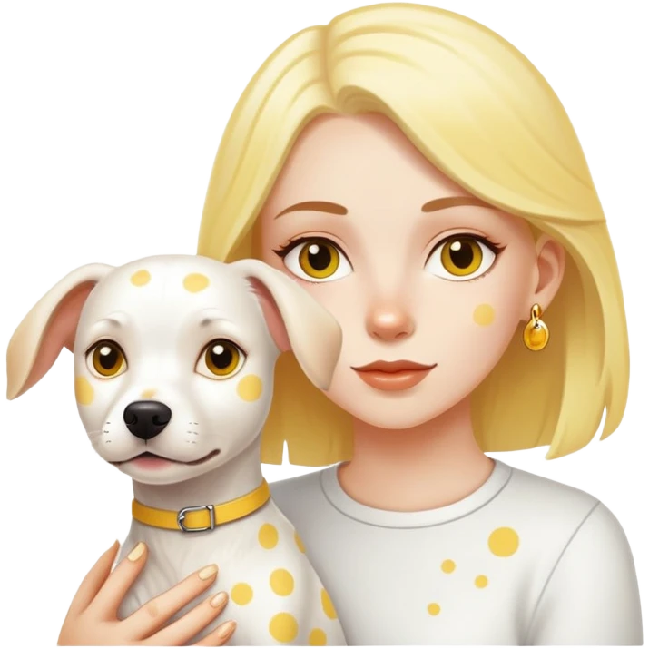 white girl with a white pincher dog with yellow spots emoji