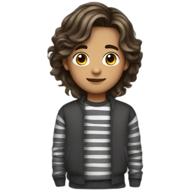 teenager boy brown long wavy hair and dark gray striped sweater emoji