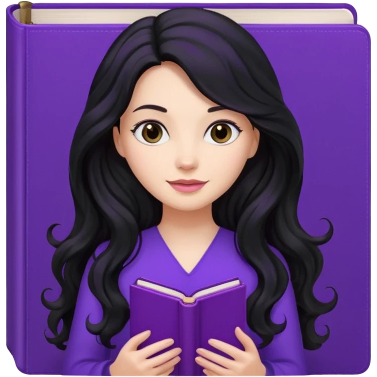 Long Hair Women with purple Book, Black wavy hair emoji