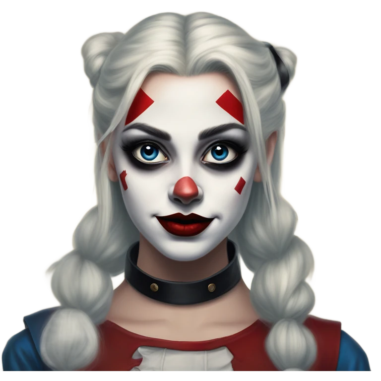 Dalahäst in Harley Quinn style, oil paint, mysterious eyes, intricate lips, masterpiece portrait, odd perspective, beautiful, desirable, logical emoji