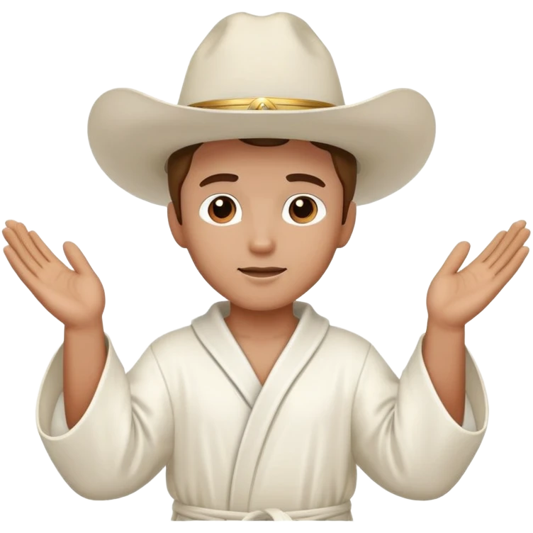 An angel in a white robe and with raised hands and white cowboy hat emoji