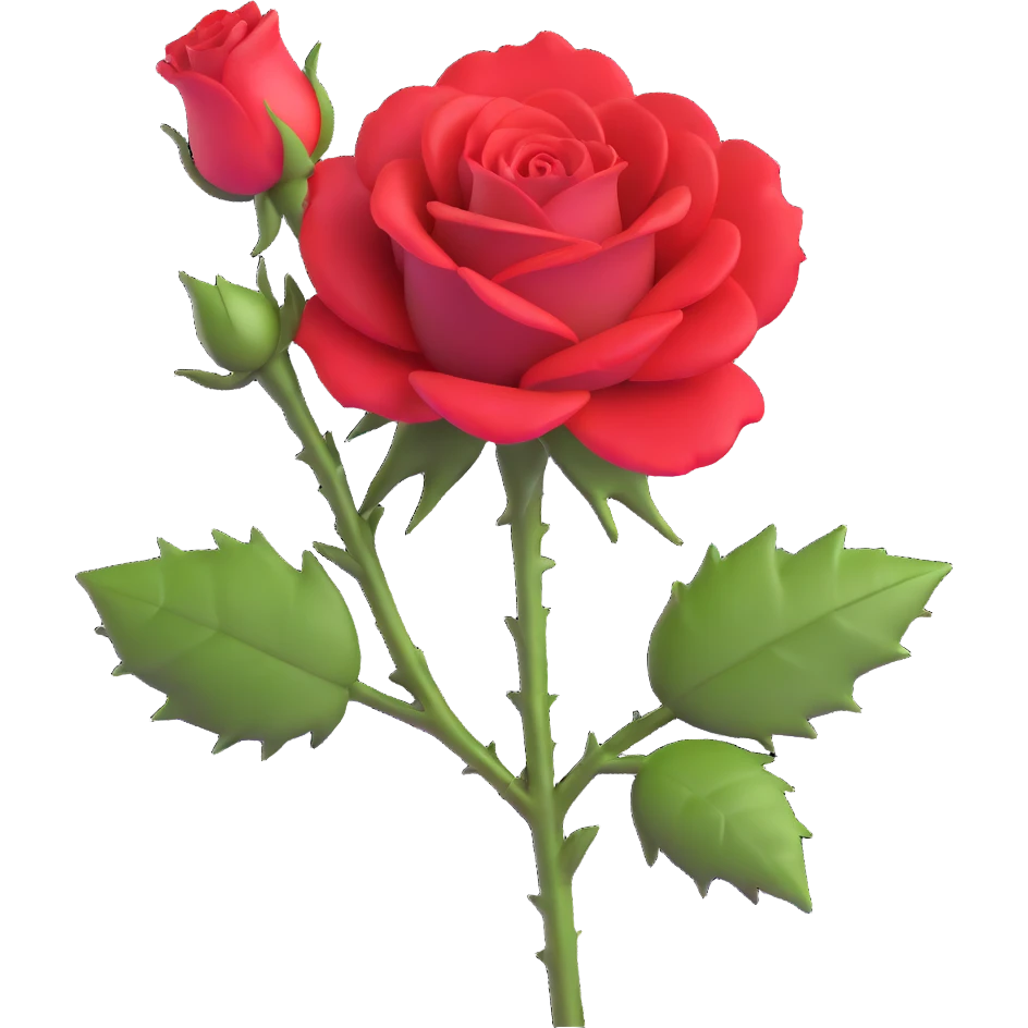 Elegant red rose flower with velvety petals and thorny stem emoji