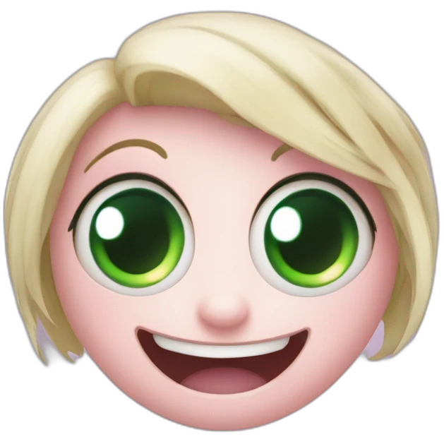 Pale face big eyes with wicked Cheshire smile ,one eye green other pink emoji