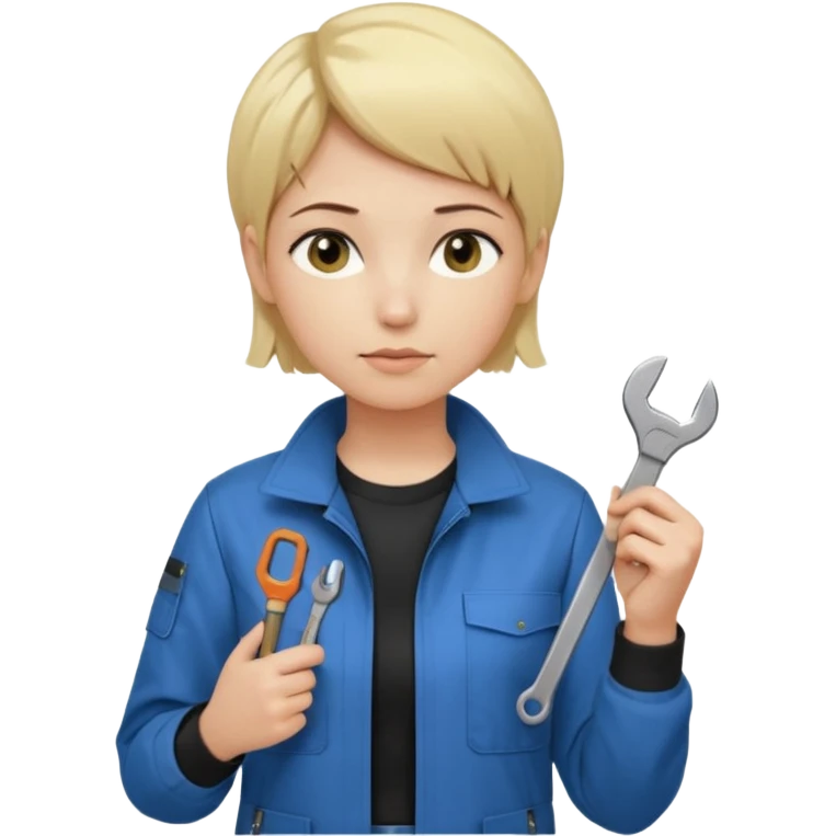 Calm and independent female engineer, fair skin, short straight blonde hair tucked behind the ears, neutral but focused expression, wearing a fitted blue utility jacket over a black crew-neck top, holding a small wrench in one hand and a circuit board in the other, waist-up, front-facing emoji