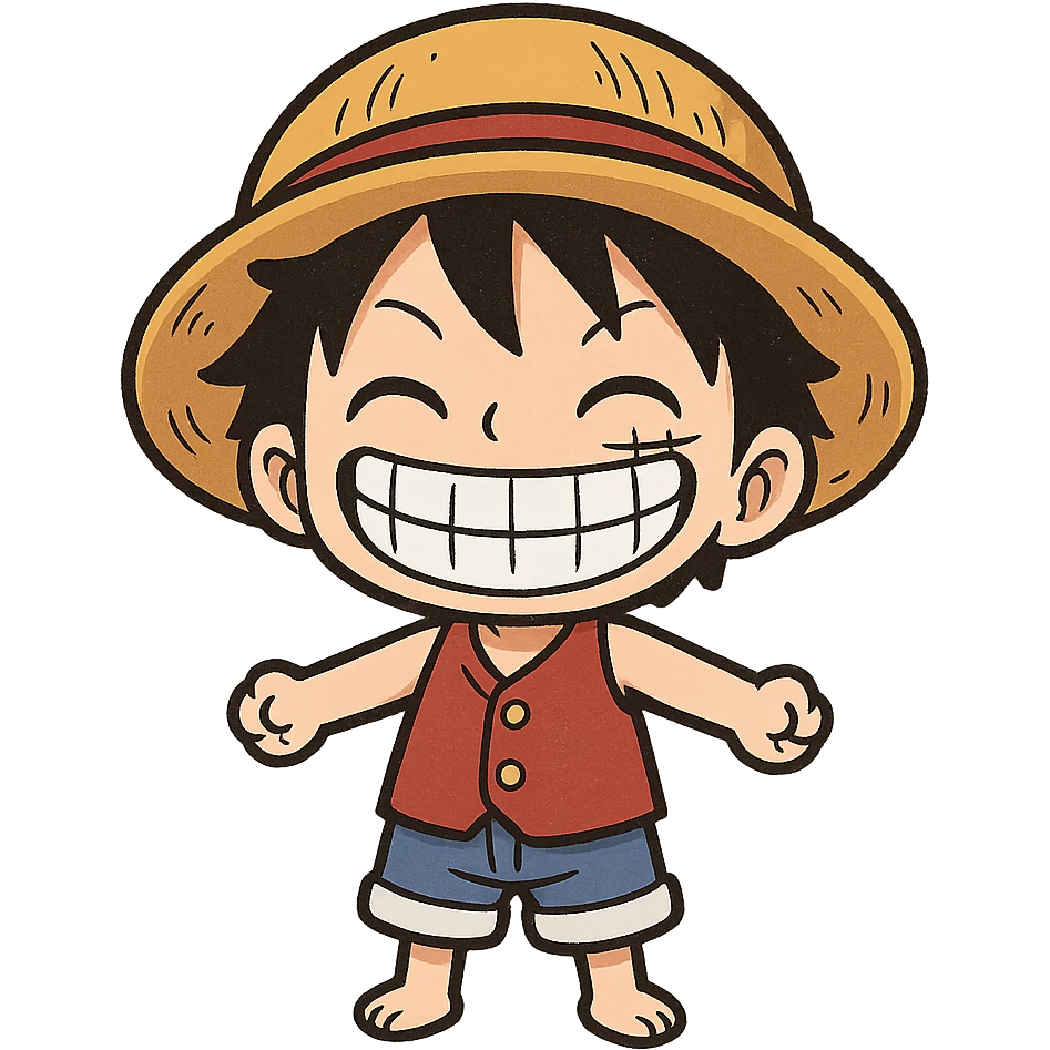 adorable small Luffy, straw hat, blue shorts, grinning, cartoon style, chibi style, cute character emoji