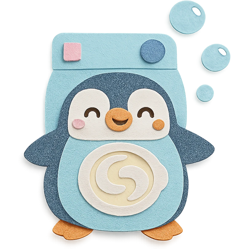 kawaii washing machine penguin spinning soap bubbles, happy face, pastel blue, full-body emoji