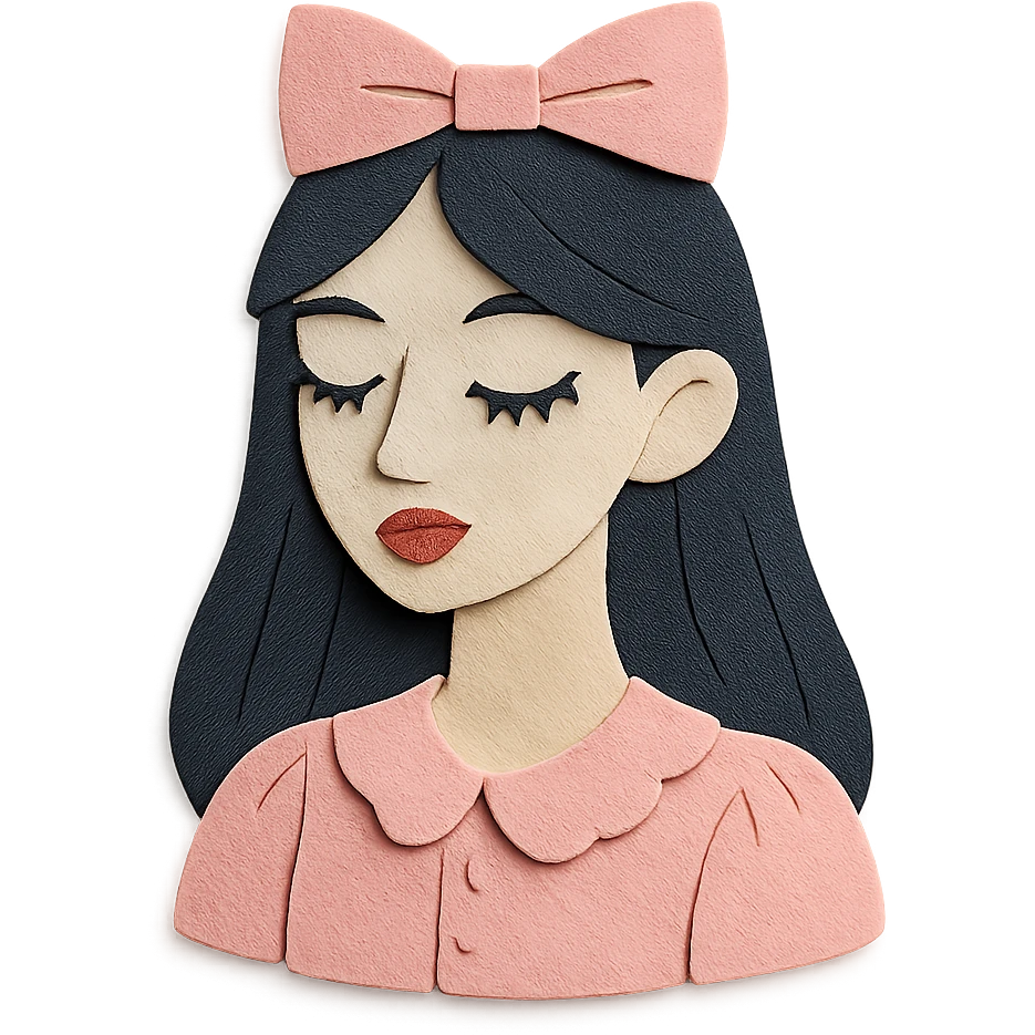 paper craft style illustration of a pale girl with long dark hair, pointy tip nose, full lips, long lashes, v-shaped jaw, wearing light pink coquette clothes emoji