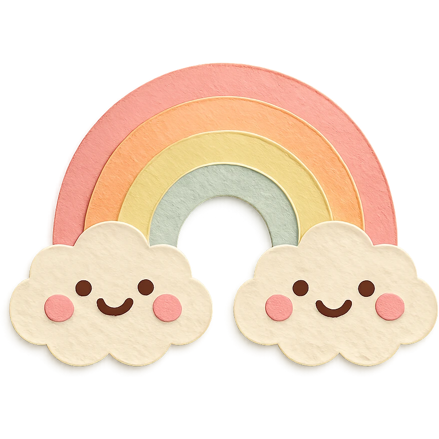 soft pastel rainbow stretching between two smiling clouds, no arms, no legs, full body, soft pastel kawaii paper craft style emoji