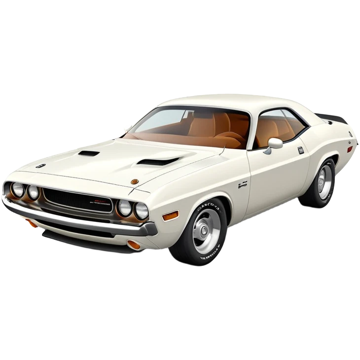 White 1971 Dodge Challenger with consistent proportions, accurate three-quarter view at 30 degrees, showing front grille, headlights and side profile in correct perspective, all white, iOS emoji style emoji