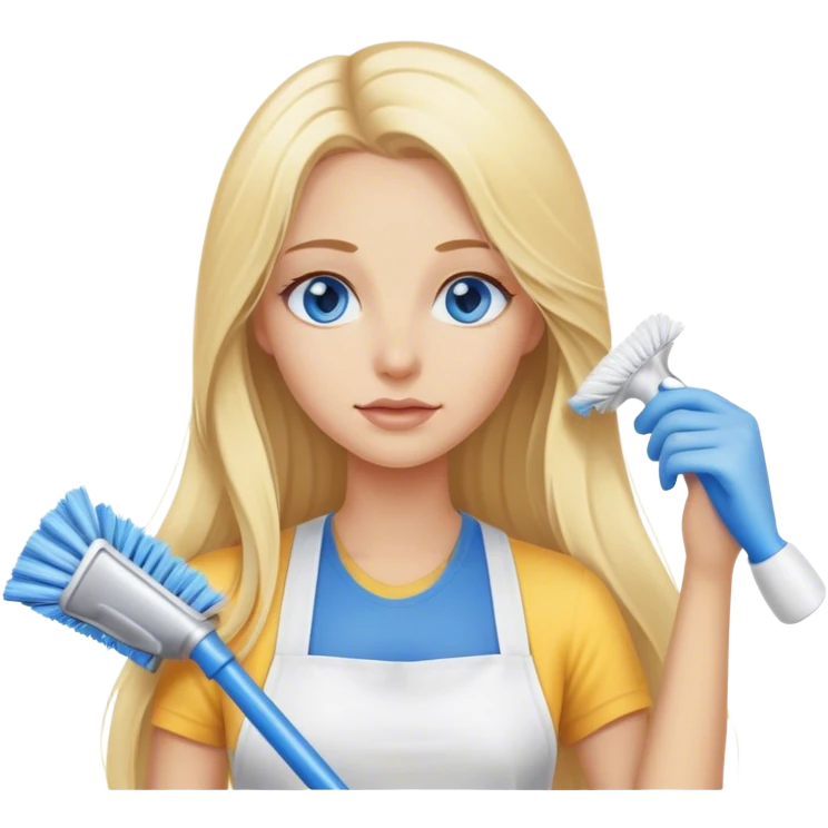 Cinematic realistic blonde with long hair, blue eyes cleans the room emoji