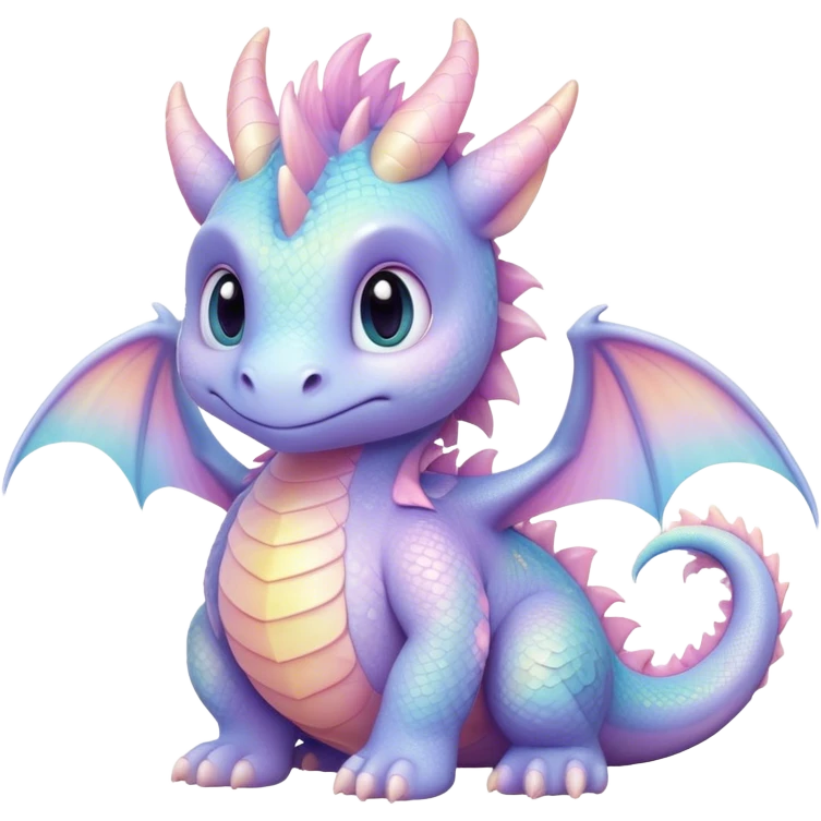 Cinematic fluffy pastel dragon, tiny round wings, chubby feet, sparkling gentle eyes, delicate glowing scales, soft colors blending magically, enchanting and whimsical. emoji