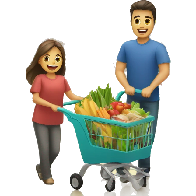 a family with a wheelbarrow full of groceries is shopping in a supermarket emoji