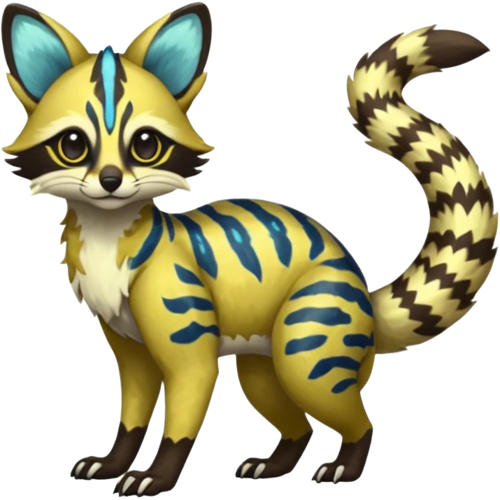 Rare realistic shiny warm-colored lush tropical exotic cute epic pretty beautiful handsome gorgeous aesthetic colorful vibrant Vernid-Protogen-Primagen-Wickerbeast-Genet-Trico-species-Fakemon-hybrid-creature by LiLaiRa, beautiful intricate markings, full body emoji