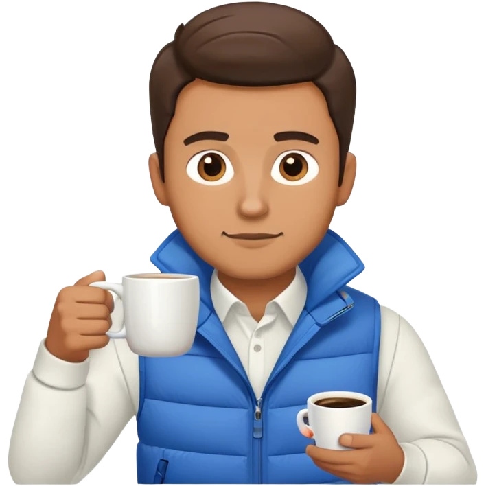 full body man wearing long sleeve white shirt with blue puffy winter vest holding a cup of coffee in front of him and nothing in his other han emoji