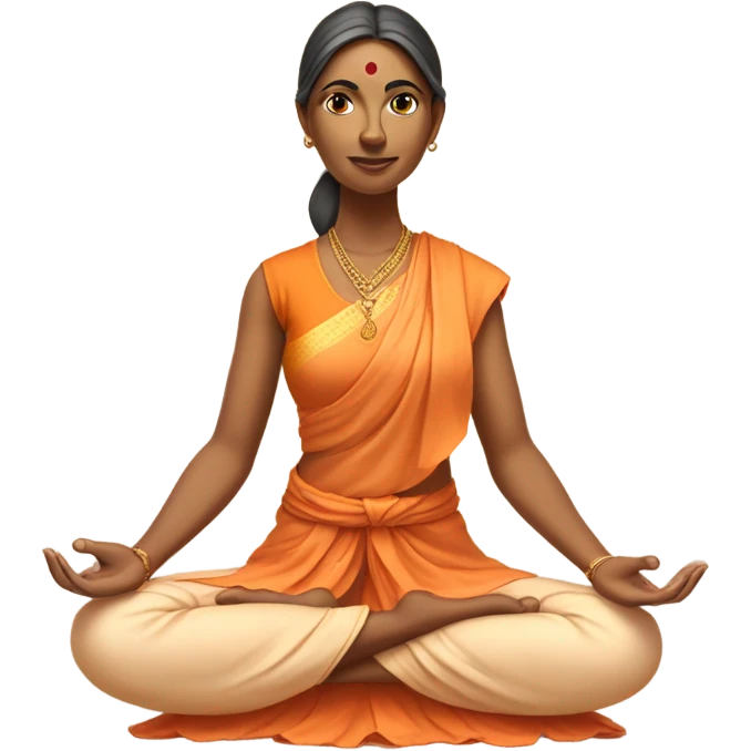 an  Indian woman, sleeveless pastel shirt
 yogi with a peaceful and meditative expression. The character should be wearing an orange robe, symbolizing traditional yogic attire. The yogi can be sitting in a lotus position emoji