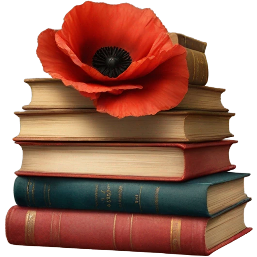 A vintage stack of books with scarlet poppies and a velvet bow emoji