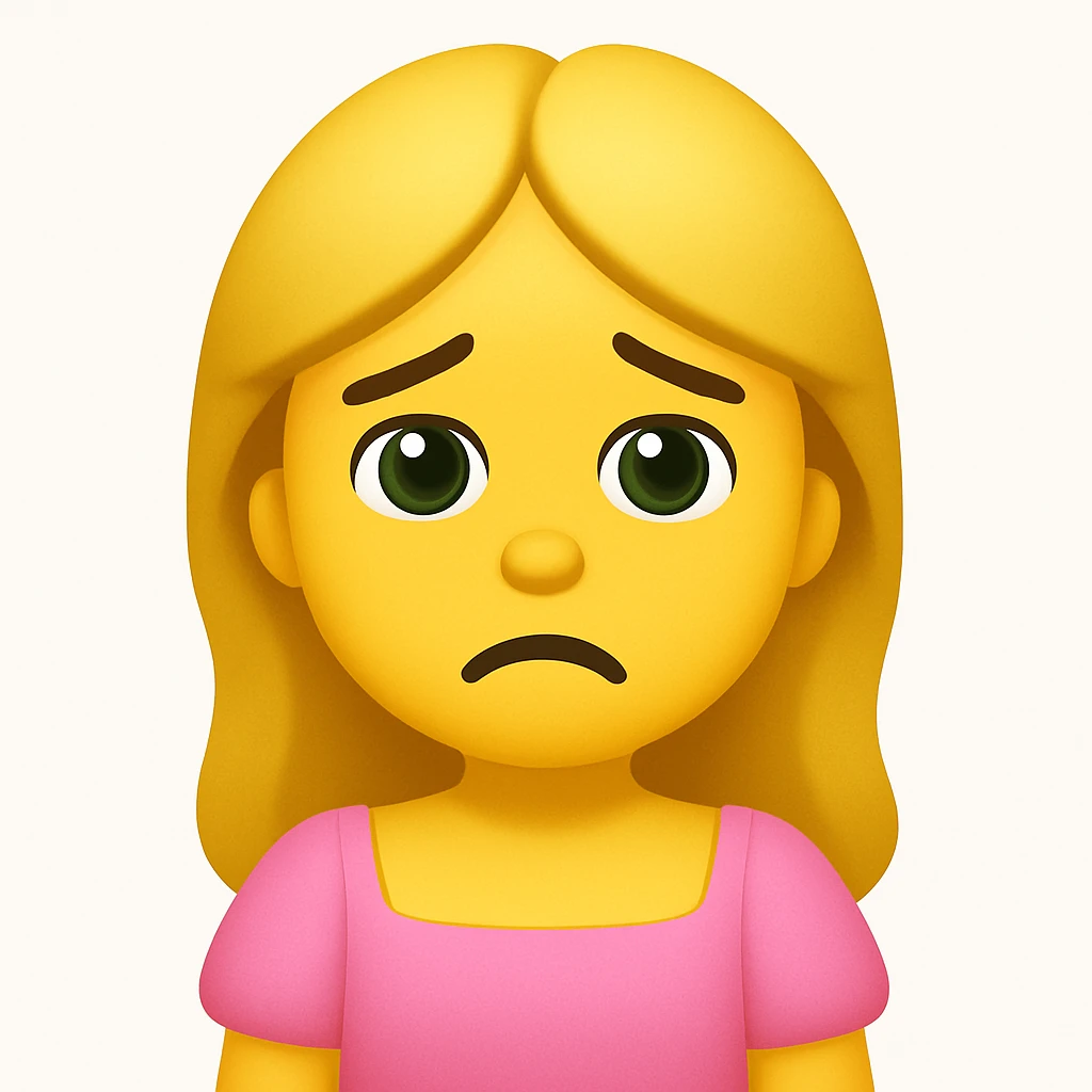 Create an edited version of the reference image in the style of apple emojis. The character should have blonde long hair, green swamp eyes, and wear a pink pastel dress. Change the expression to a sad expression while keeping all facial features, clothes, and hairstyle from the reference. emoji