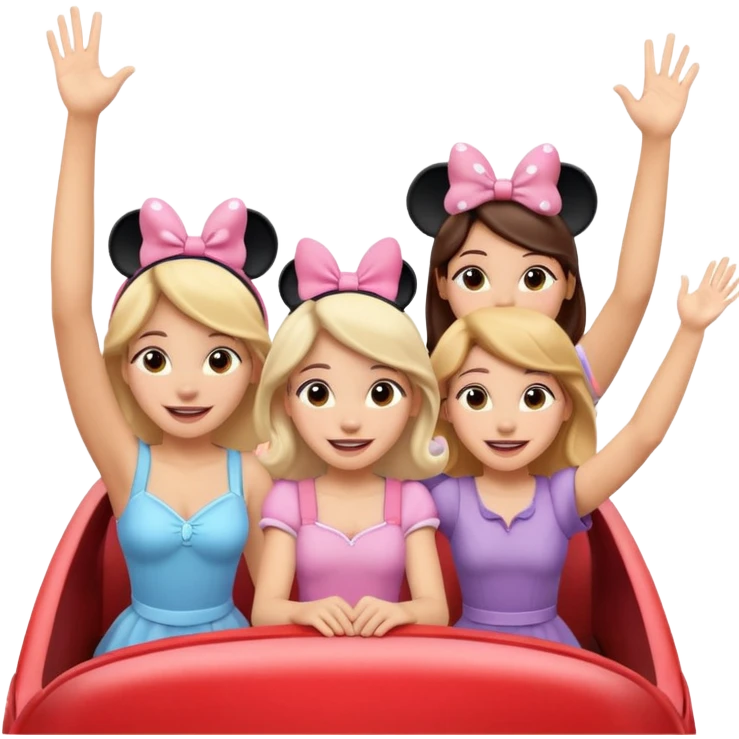 quatro chicas montadas en una atraccion de levantando la mano con orejas de Disney puestas en una atracción emoji