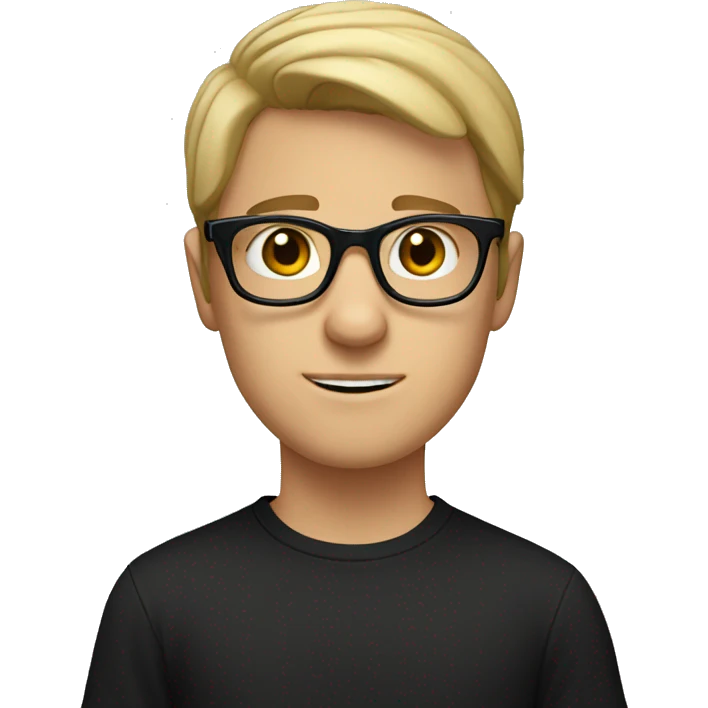 A white boy with slightly parted hair and black framed glasses, wearing a black T-shirt emoji