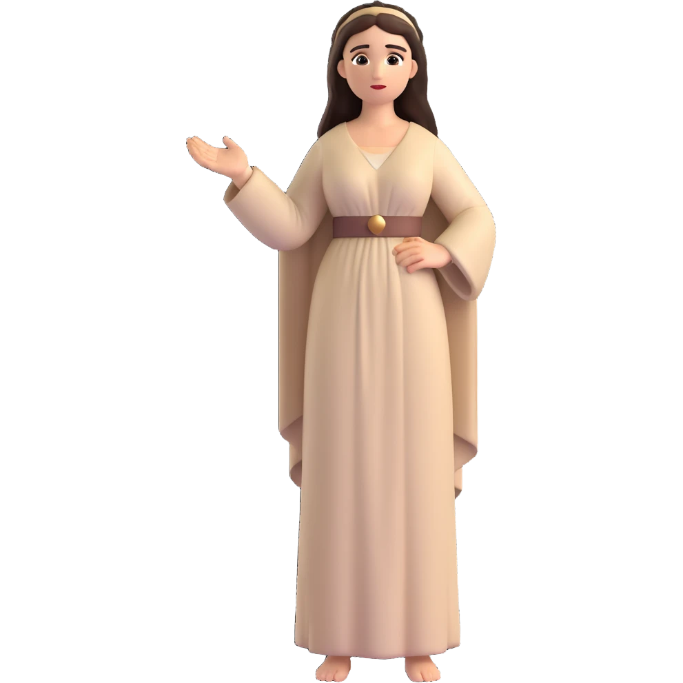 fullbody Mary Magdalene, fit and buxom body, very pretty detailed face, normal height, plain light tan biblical dress, arms down with hands by hips, dark hair emoji