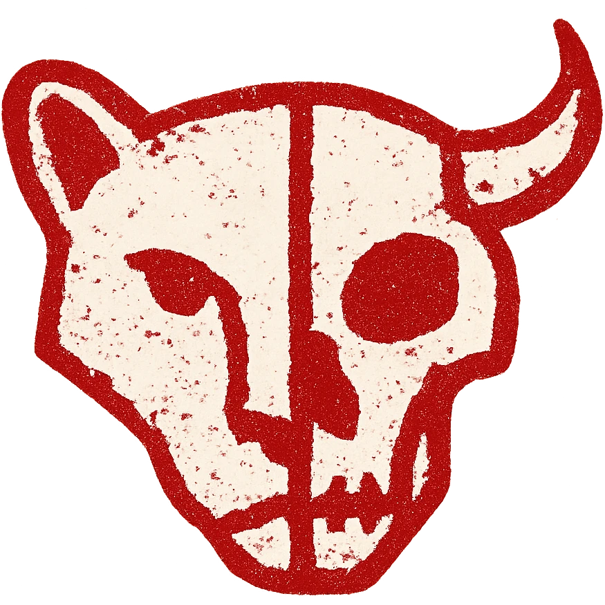 an extremely minimalist red icon of half stoat face merged with half minotaur skull, with deliberately broken and incomplete outlines, weathered appearance like old parchment, parts of the design missing or faded away, sparse details but still recognizable, fully red with distressed texture emoji