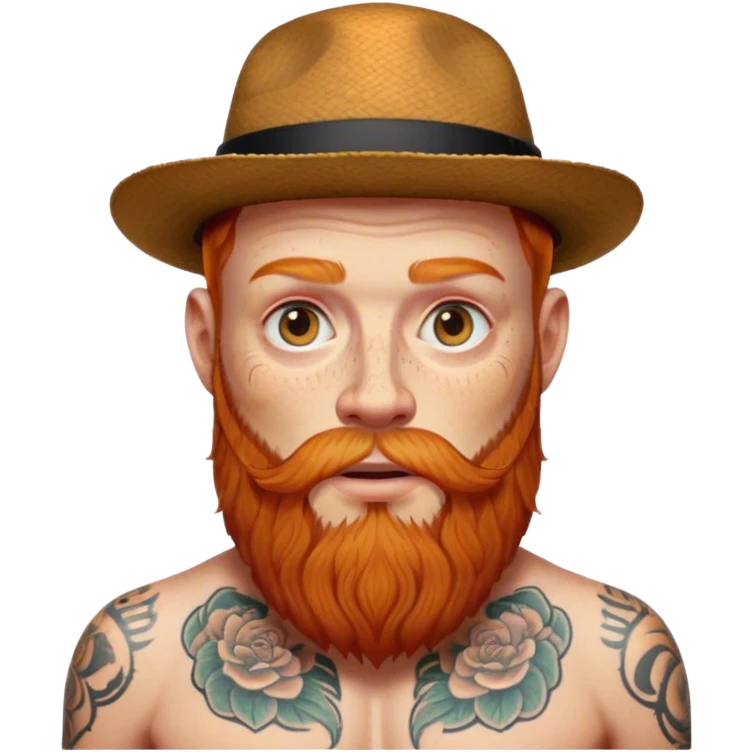 Long Ginger bearded man with tattoos and hat emoji