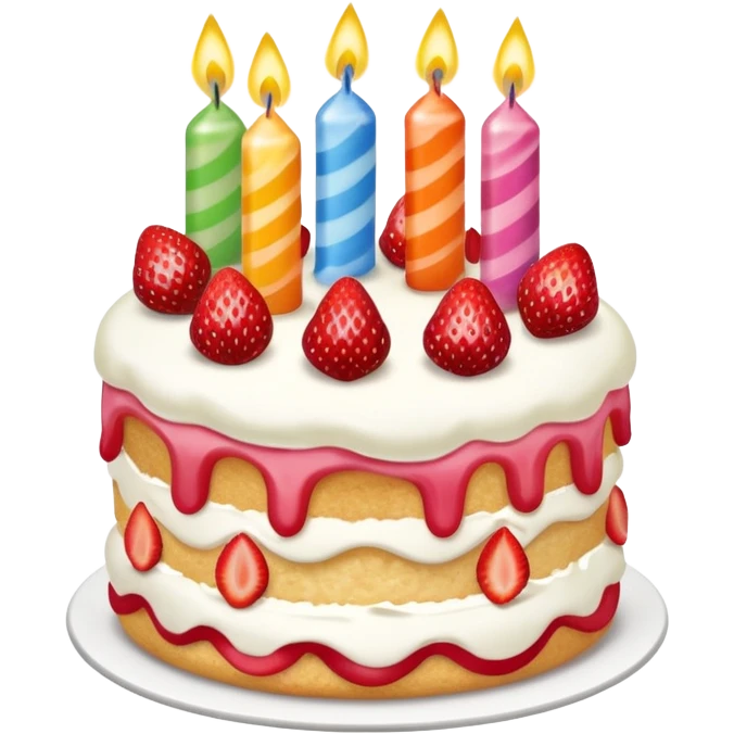 strawberry shortcake with multicolor birthday candles emoji