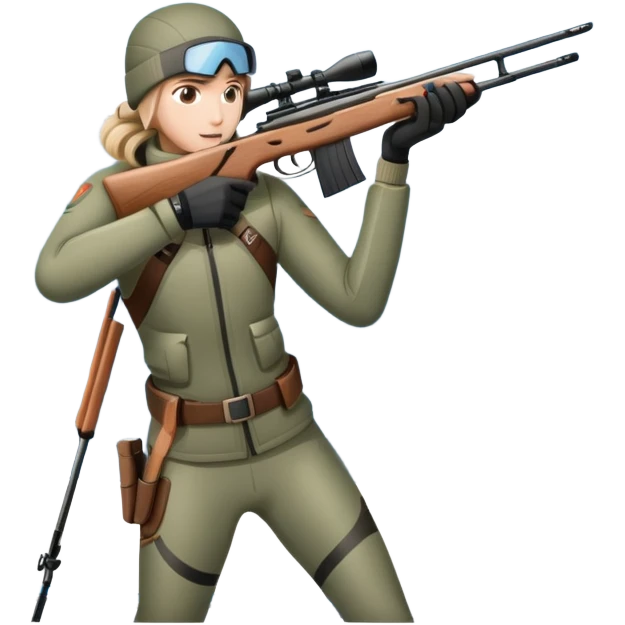 An icon showing a snowy landscape with pine trees, mountains, and a clear sky with a biathlete aiming a rifle in the foreground, wearing winter gear and skis. Transparent background emphasizes the precision, endurance, and beauty of this winter sport. emoji