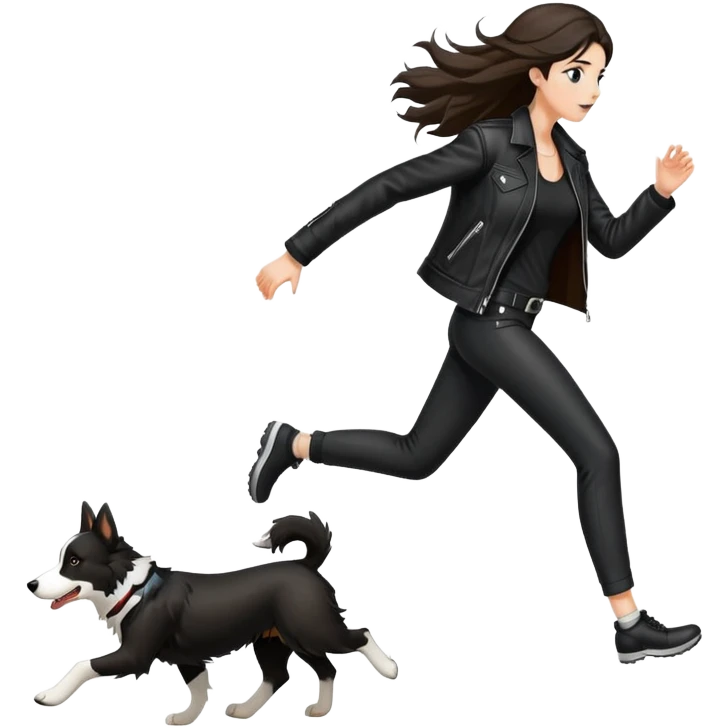 A beautiful tall girl with fair skin and long hair wearing a black leather jacket and black pants running with a Border Collie emoji