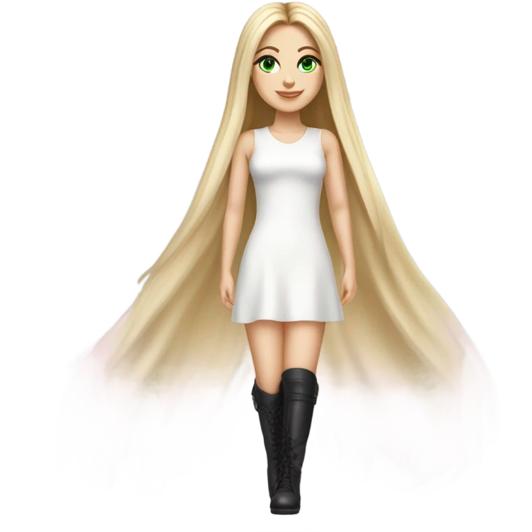 Realistic White girl with Long straight blonde hair, green eyes, tattoos, full body wearing white dress and pink knee-high leather boots, posing emoji