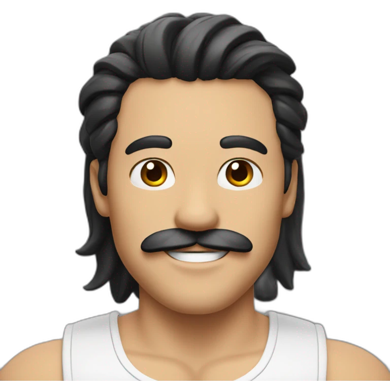 HAPPY MAN WITH MUSTACHE AND LONG BLACK HAIR AND WHITE TANK TOP emoji