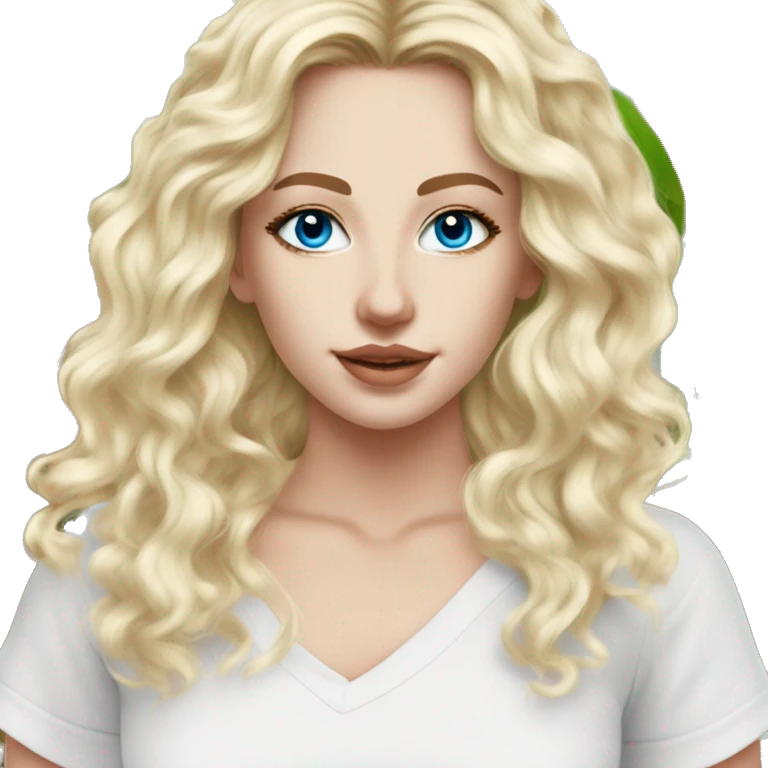White girl- ocean blue eyes - beauty face mask massage -full care- blonde long curly hair  white off shoulder shirt emoji