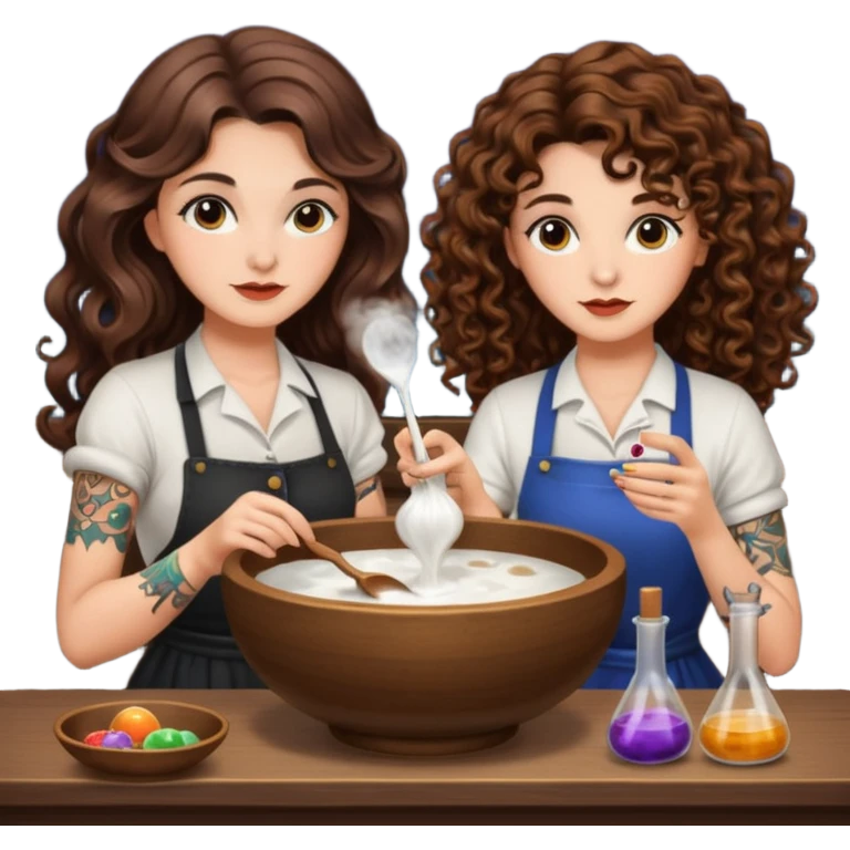 moon bowl mixing — long wavy brown hair tattooed woman and short tight curly brown hair woman — potion scene emoji