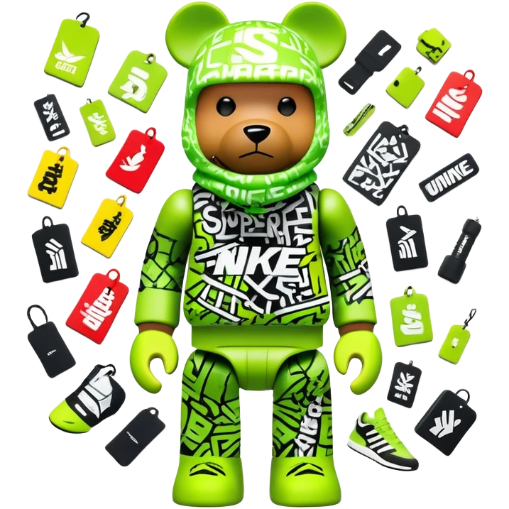 geometric bearbrick toy wearing a lime green balaclava completely covered with chaotic streetwear brand logos, graffiti-style tags, Nike, Adidas, Supreme, Off-White all mixed together in urban style, aggressive look emoji