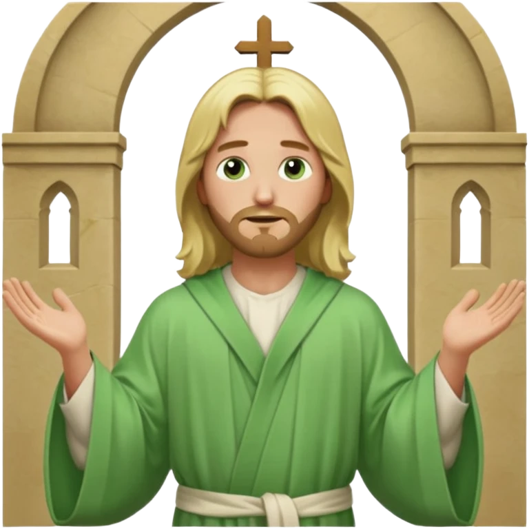 Jesus, green eyes, blonde hair, light green church robe. opening arms, gazing thoughtfully. Soft light, subtle fern. Waist-up, profile. emoji