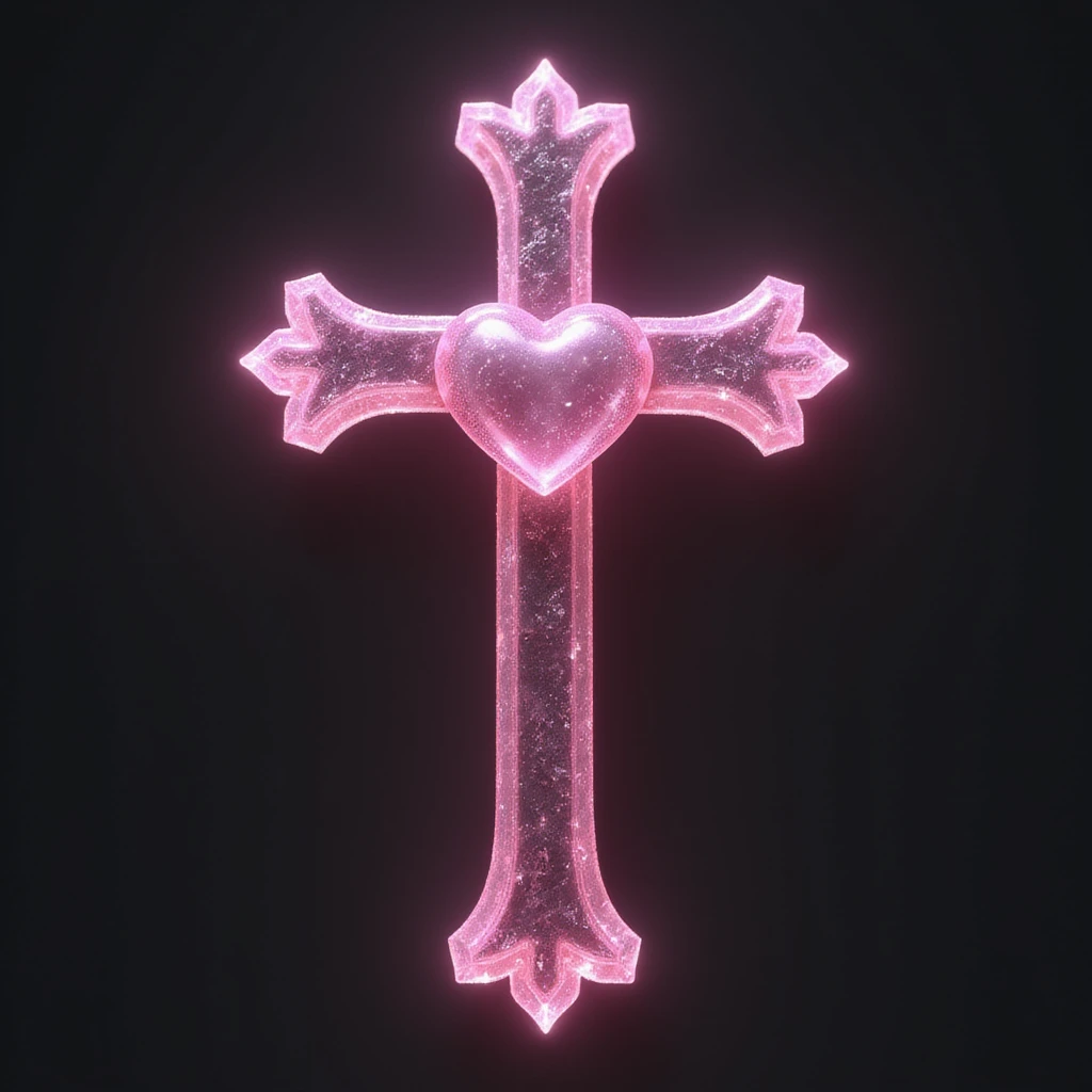 realistic gothic cross, pink with a crystal heart, photorealistic style emoji