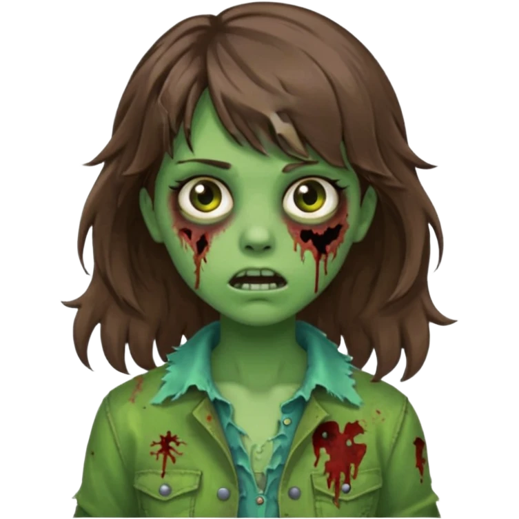 Uma menina zombie com um cabelo ondulado médio, com a franja pro lado esquerdo, o cabelo com cor castanho com a cor de pele verde  emoji