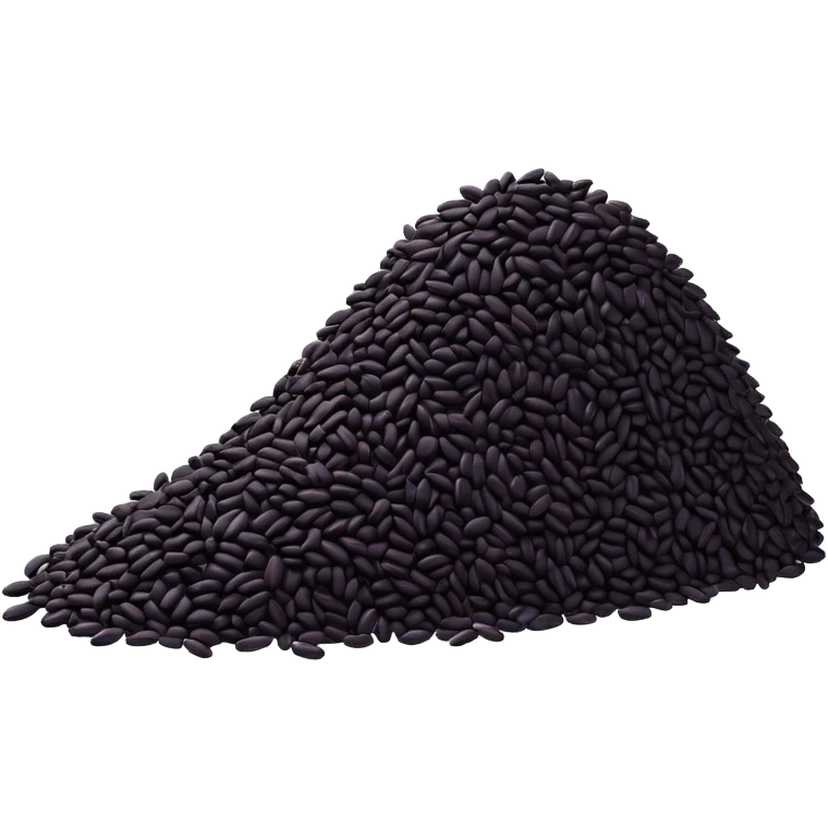loose scatter of uncooked black rice grains, glossy elongated shape, deep purplish-black color, smooth slightly curved surface, subtle natural variations in tone, soft lighting, subtle shadows, emoji scale emoji