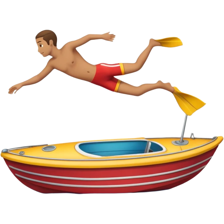 Emoji-style side view of boat with person diving off, rounded cute features, soft shading, colorful, PNG cutout emoji