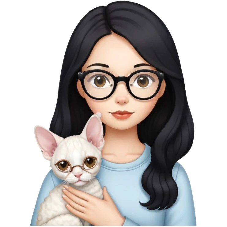 A girl with long black hair and glasses is holding a white Devon Rex emoji