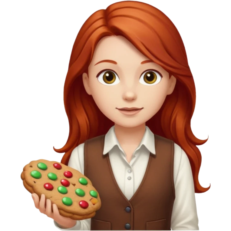 white girl scout with red long hair selling cookies with a brown vest and white shirt under vest. She should be around 10 years old emoji
