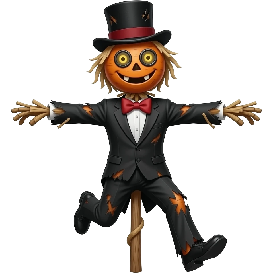 a tall scarecrow with a weathered, smiling turnip for a head, topped with a battered black top hat and featuring glowing button eyes. He is dressed in a tattered yet formal black tuxedo with a red bow tie, all balanced on a single wooden pole used for hopping. emoji