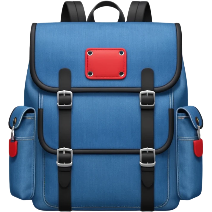 Minimalist emoji-style icon of a stylish blue denim backpack with a flap top, two vertical black buckle straps, a large red-white-navy horizontal block in the center, and two zipper side pockets. Inspired by Tommy Jeans design. Front view, cartoon-like, clean design.

 emoji