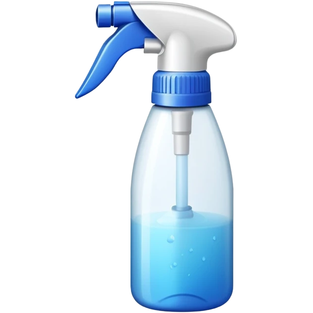 An emoji of a spray bottle actively spraying mist. A fine mist of tiny particles is visible in the air as the nozzle releases the spray. Can resemble a perfume, cologne, or cleaning product. Transparent bottle with a trigger or press nozzle, slightly tilted while spraying emoji