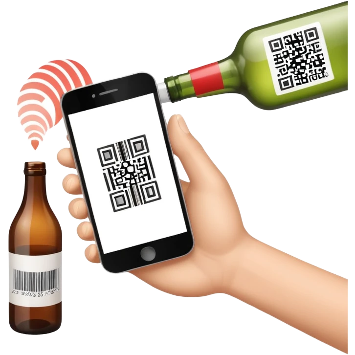 hand gripping a smartphone, phone camera pointed at a bottle with a barcode, scanning action, no text emoji