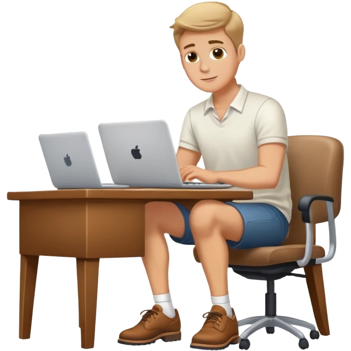 white Guy wearing shoes, sitting at desk working on a laptop  emoji